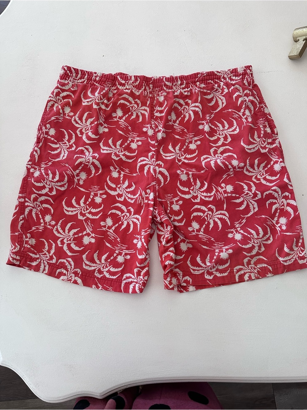Vintage 90s J Crew Cotton Palm Tree Swim Shorts Mesh Lined Red Large 6" oarsman